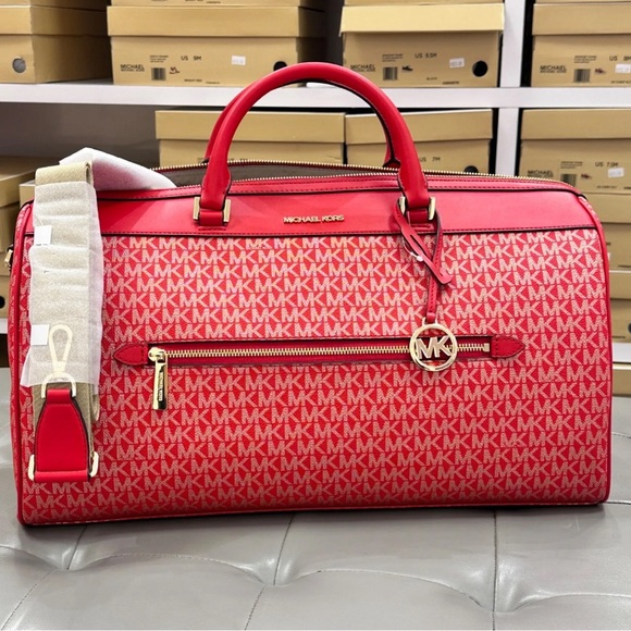 Michael Kors Travel XL Large Duffle Bag Signature MK Bright Red Gold - Picture 1 of 5